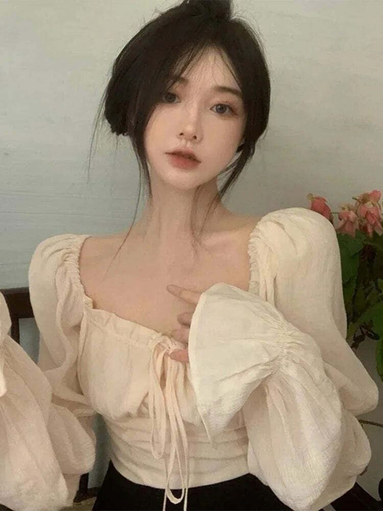 Y2K Slash Neck Top - Bubble Sleeves, Korean Spring Fashion, Casual Grunge Blouse, Retro 90S Style