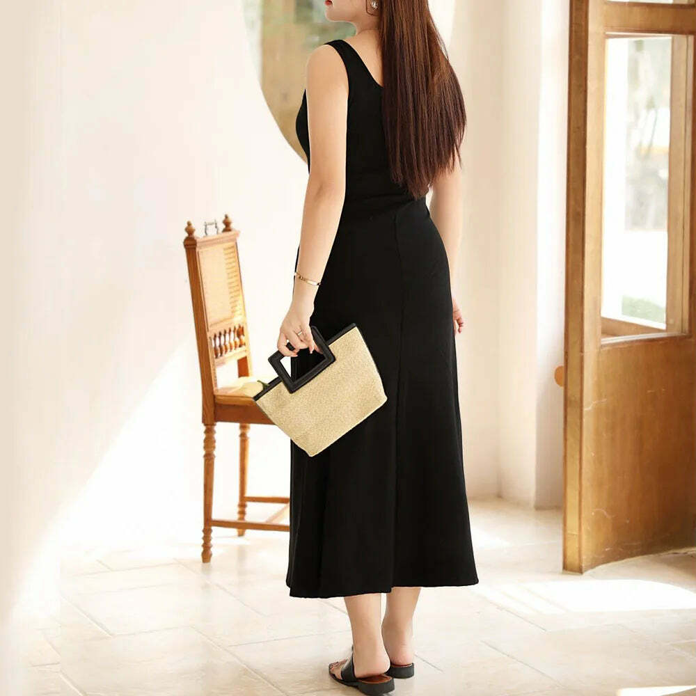 Y2K Square Collar Button-Down Knitted Dress, Slim Waist, French Wide Strap, Summer Grunge Outfit