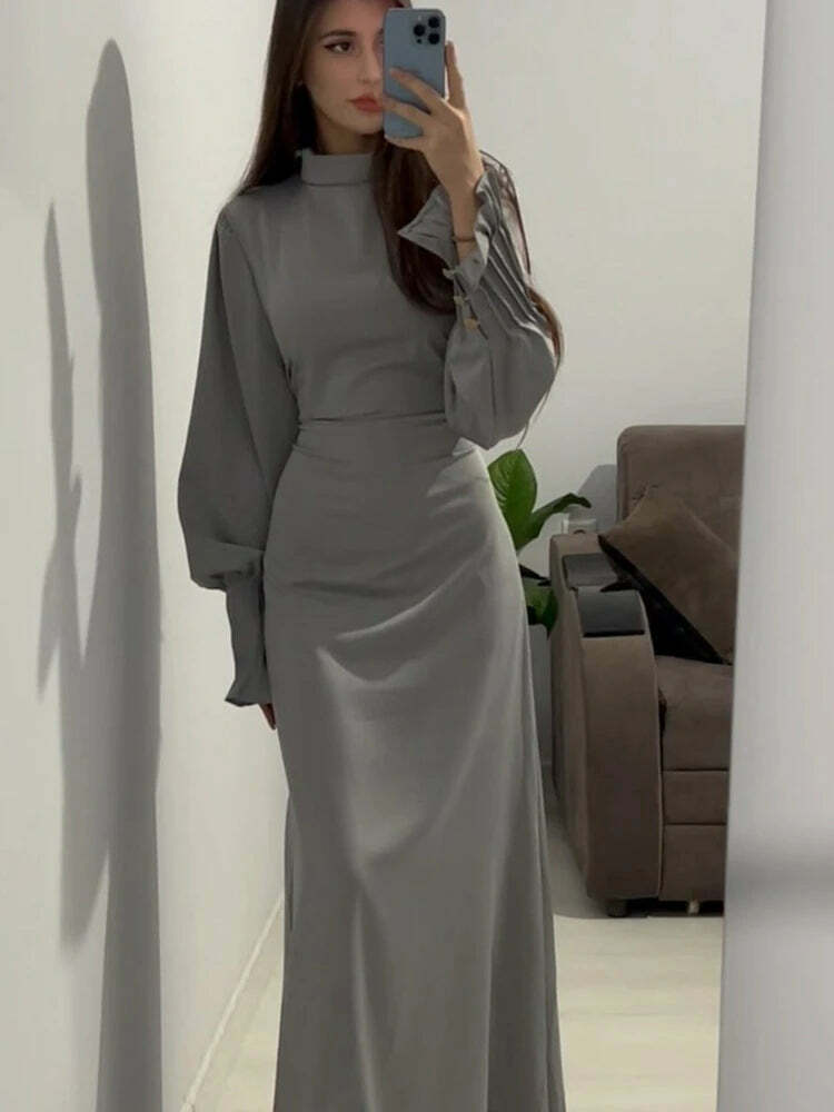 Y2K Summer Abaya Dress - Slim Fit Petal Sleeve Satin Robe, 90S Grunge Party Outfit, Dubai Style