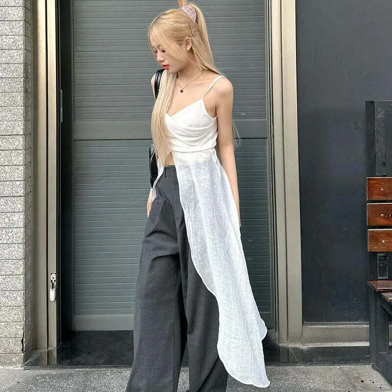 Y2K Summer Beach Dress - White Cross V-Neck Sleeveless Top, Spicy Girl Y2K Fashion Outfit