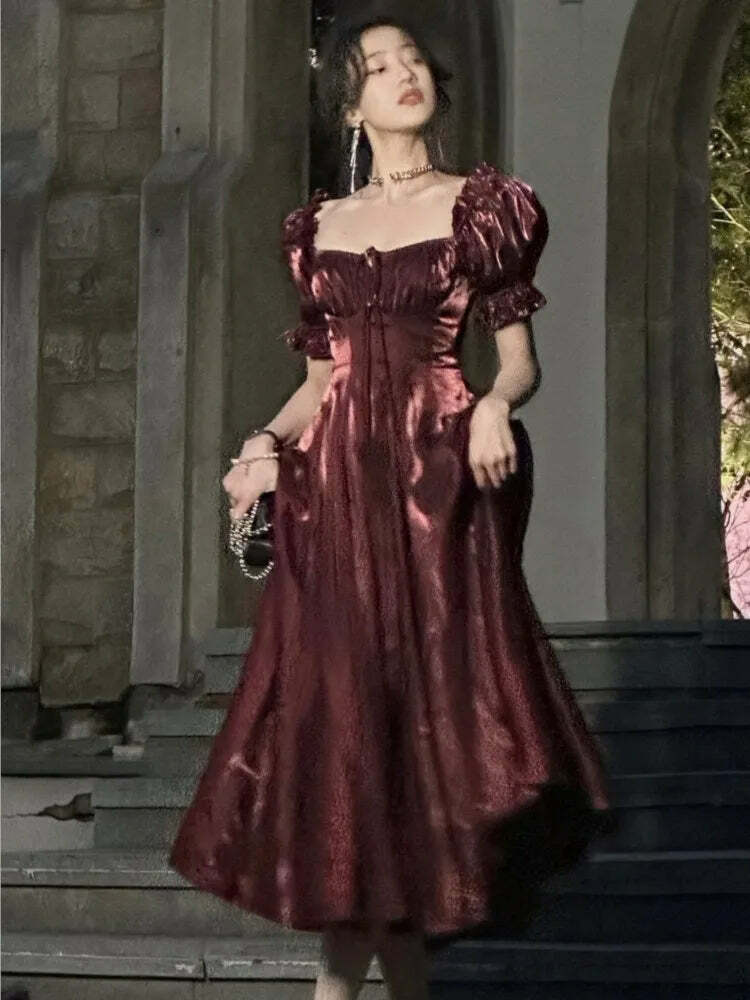 Y2K Summer Burgundy A-Line Dress - Vintage 90S Grunge Party Outfit, Elegant Prom Vestidos