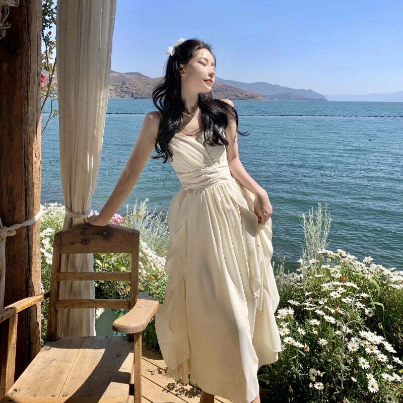 Y2K Summer Chic Spaghetti Strap Midi Dress - Elegant Ruffles, Retro 90S Grunge Party Outfit