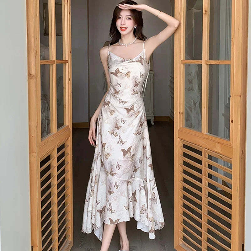 Y2K Summer Chiffon Bow Sling Dress - Elegant Ruffled Mermaid Bodycon Beach Outfit Women