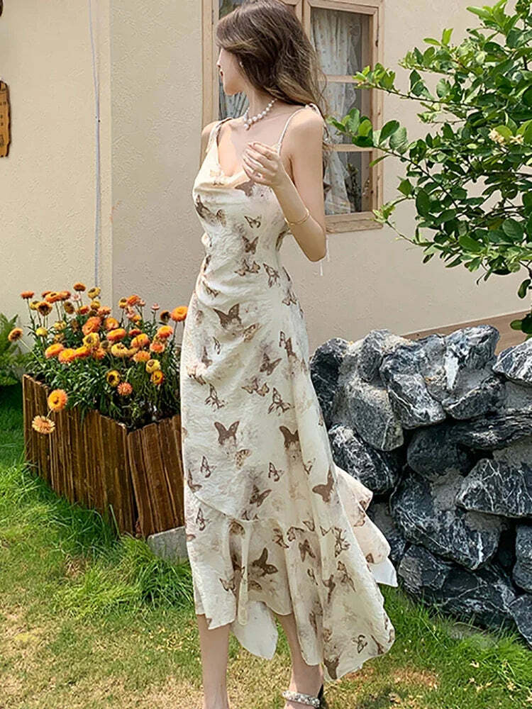 Y2K Summer Chiffon Bow Sling Dress - Elegant Ruffled Mermaid Bodycon Beach Outfit Women