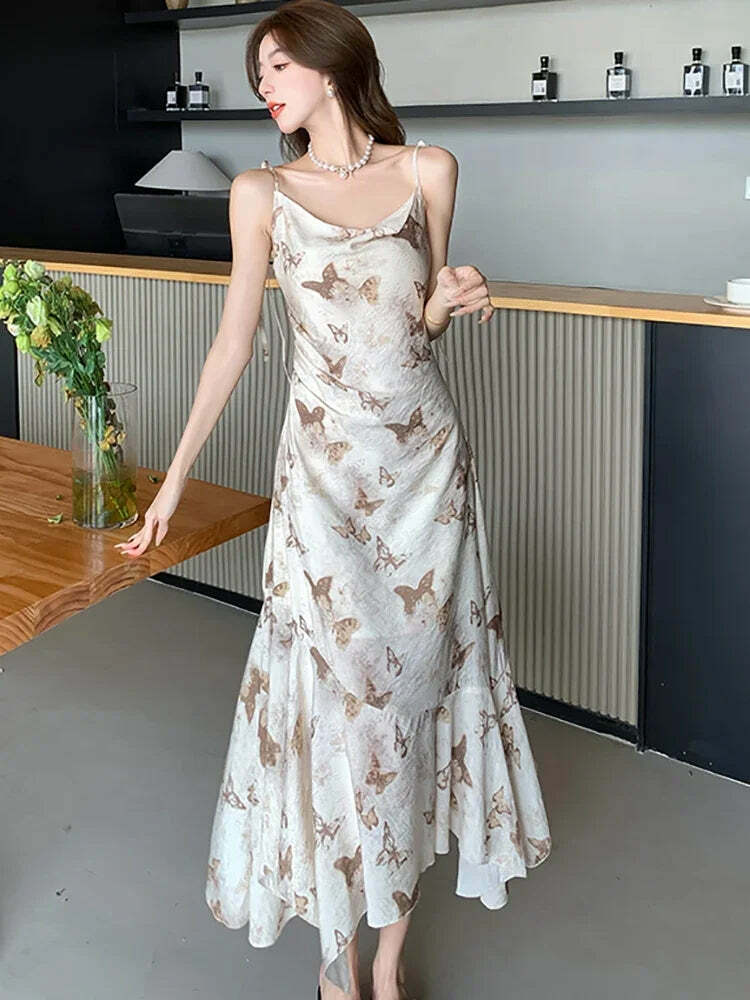 Y2K Summer Chiffon Bow Sling Dress - Elegant Ruffled Mermaid Bodycon Beach Outfit Women