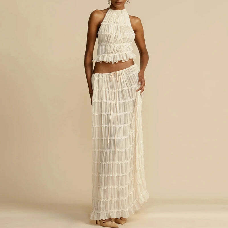 Y2K Summer Chiffon Pleated Set: Sexy Halter Backless Top & Lace-Up Skirt - Boho Beach Outfit