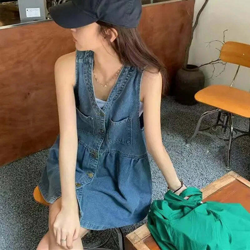 Y2K Summer Denim Mini Dress - Sleeveless, Single-Breasted, Pockets, Korean Style, Grunge Outfit