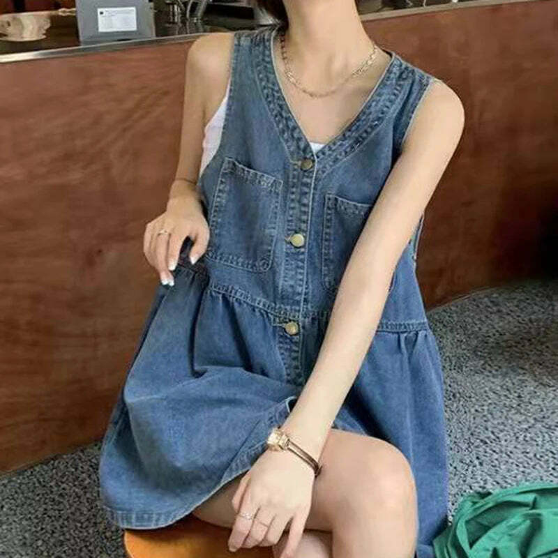 Y2K Summer Denim Mini Dress - Sleeveless, Single-Breasted, Pockets, Korean Style, Grunge Outfit