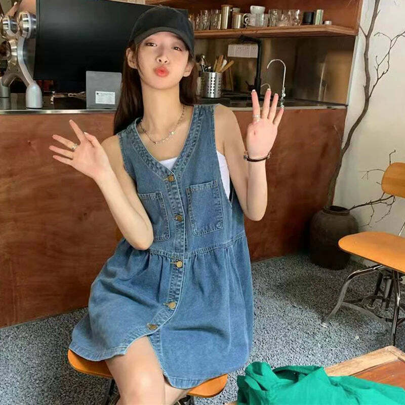 Y2K Summer Denim Mini Dress - Sleeveless, Single-Breasted, Pockets, Korean Style, Grunge Outfit