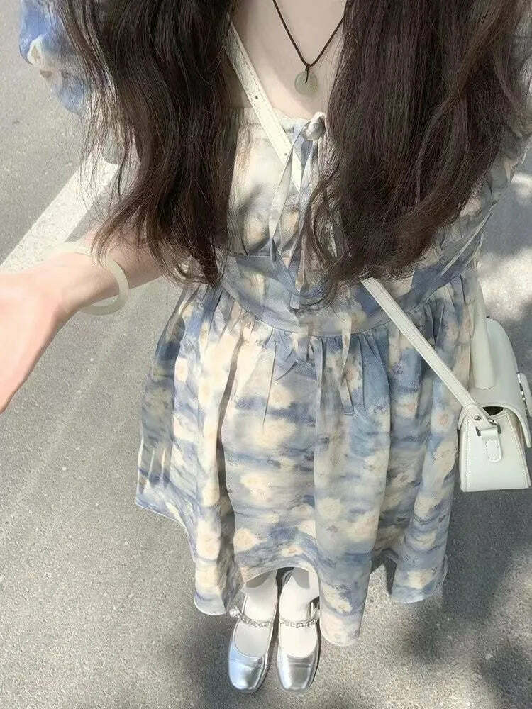 Y2K Summer Floral Dress - French Square Collar, Bubble Sleeve, Holiday Style A-Line Skirt