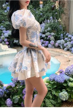 Y2K Summer French Romance Princess Dress - Bubble Sleeves, Embroidery, Square Neck, A-Line Skirt