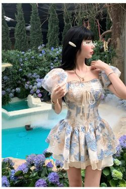 Y2K Summer French Romance Princess Dress - Bubble Sleeves, Embroidery, Square Neck, A-Line Skirt