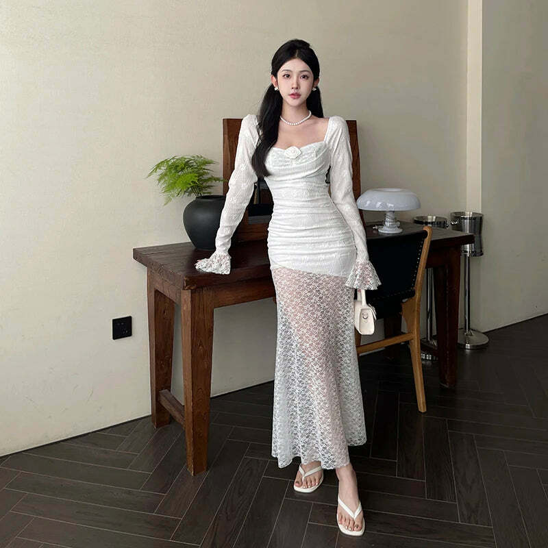 Y2K Summer Grunge Fairy Lace Dress - Elegant Pure Color Slim Fit Retro 90S Style