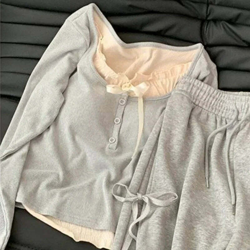 Y2K Summer Grunge High Waist Wide Leg Pants Two Piece Set - Retro 90S Fashion Grey Outfit