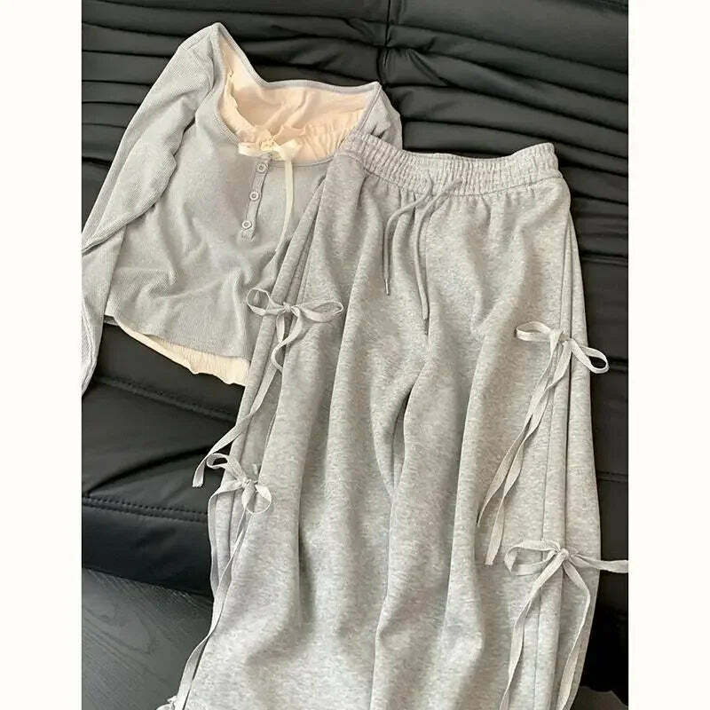 Y2K Summer Grunge High Waist Wide Leg Pants Two Piece Set - Retro 90S Fashion Grey Outfit