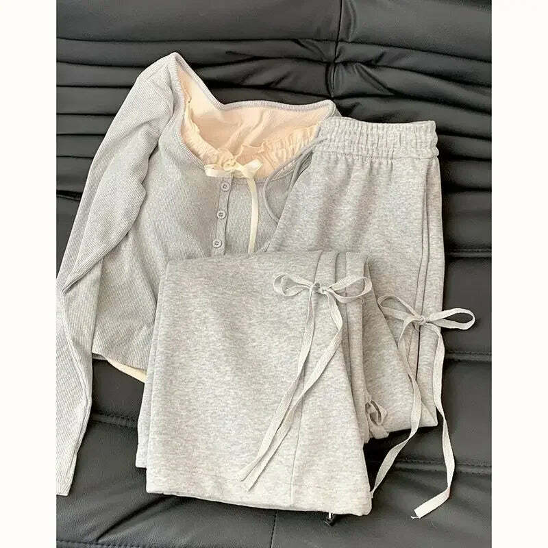 Y2K Summer Grunge High Waist Wide Leg Pants Two Piece Set - Retro 90S Fashion Grey Outfit
