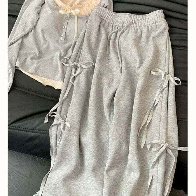 Y2K Summer Grunge High Waist Wide Leg Pants Two Piece Set - Retro 90S Fashion Grey Outfit