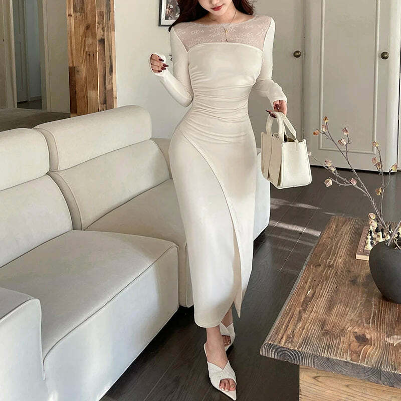 Y2K Summer Grunge Lace Dress - Square Neck, Pleated Waist, Long Sleeve Retro 90S Fashion