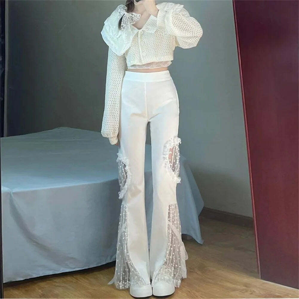 Y2K Summer High Waist Flare Pants - Sexy Lace Cut Out, Retro 90S Grunge, Wide Leg, Elastic Waist