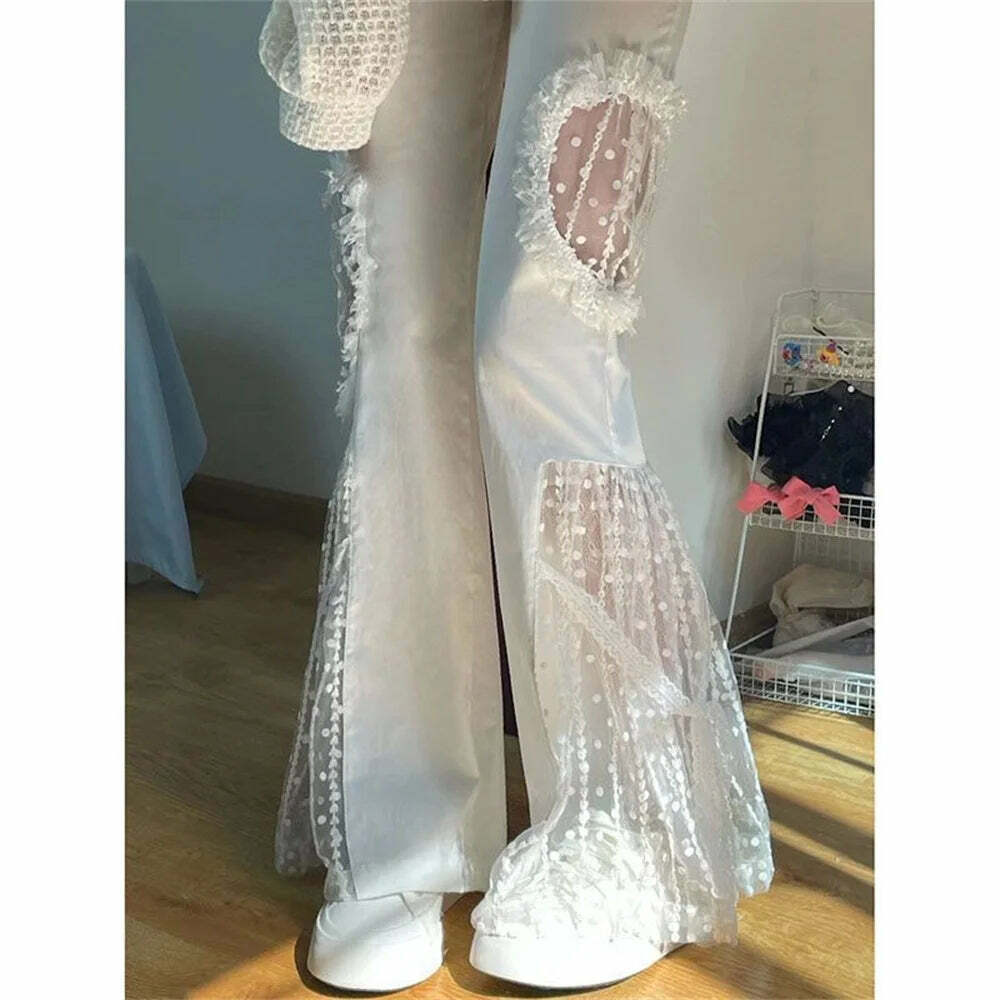Y2K Summer High Waist Flare Pants - Sexy Lace Cut Out, Retro 90S Grunge, Wide Leg, Elastic Waist