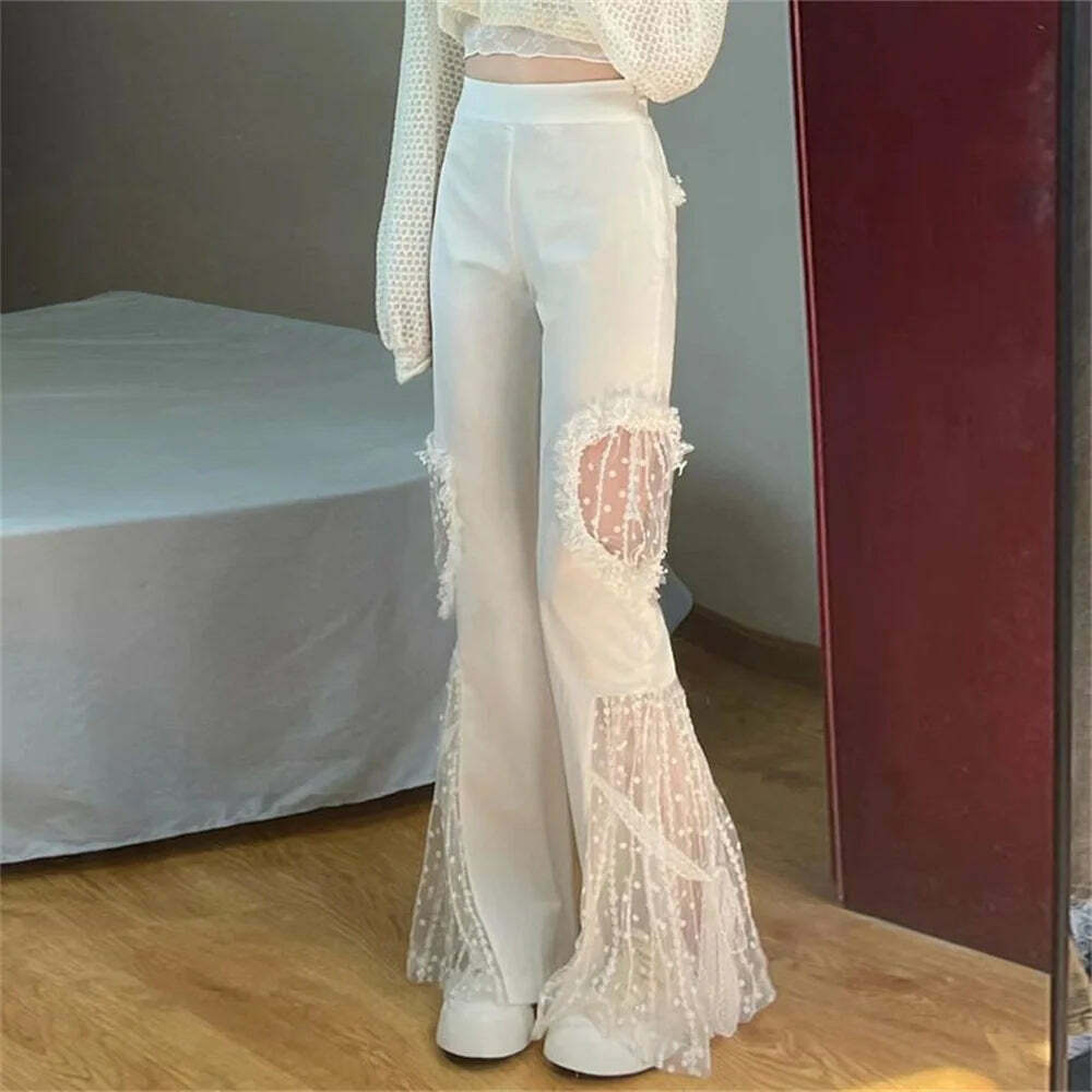 Y2K Summer High Waist Flare Pants - Sexy Lace Cut Out, Retro 90S Grunge, Wide Leg, Elastic Waist