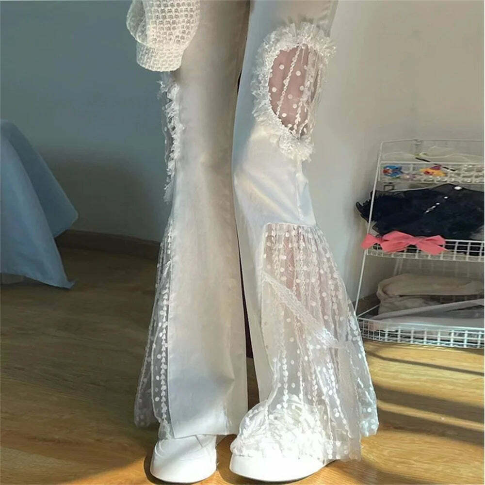 Y2K Summer High Waist Flare Pants - Sexy Lace Cut Out, Retro 90S Grunge, Wide Leg, Elastic Waist