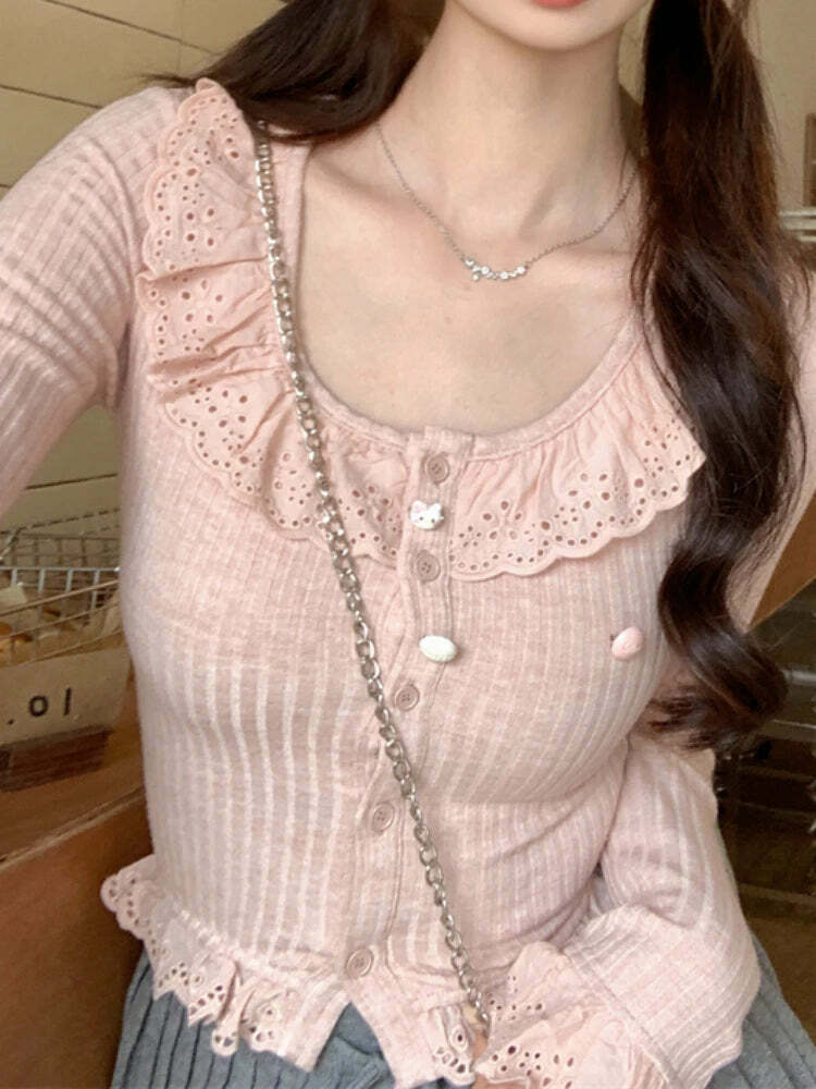 Y2K Summer Kawaii Lolita Lace Knit Blouse - Elegant Korean Long Sleeve Top, Retro 90S Fashion
