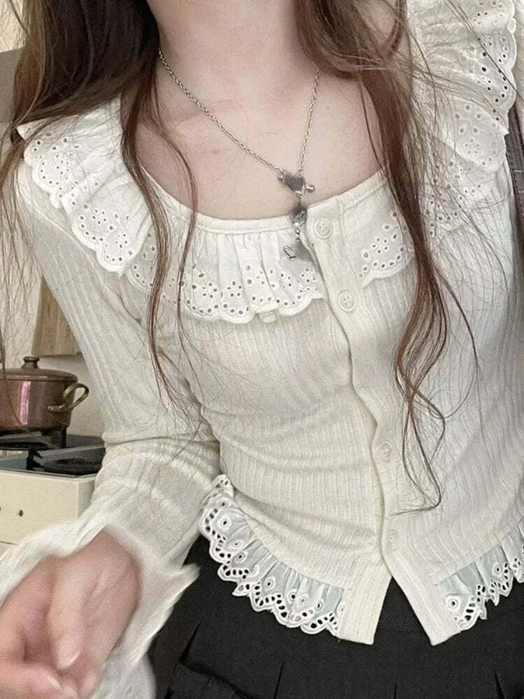 Y2K Summer Kawaii Lolita Lace Knit Blouse - Elegant Korean Long Sleeve Top, Retro 90S Fashion