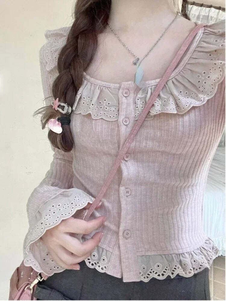 Y2K Summer Kawaii Lolita Lace Knit Blouse - Elegant Korean Long Sleeve Top, Retro 90S Fashion
