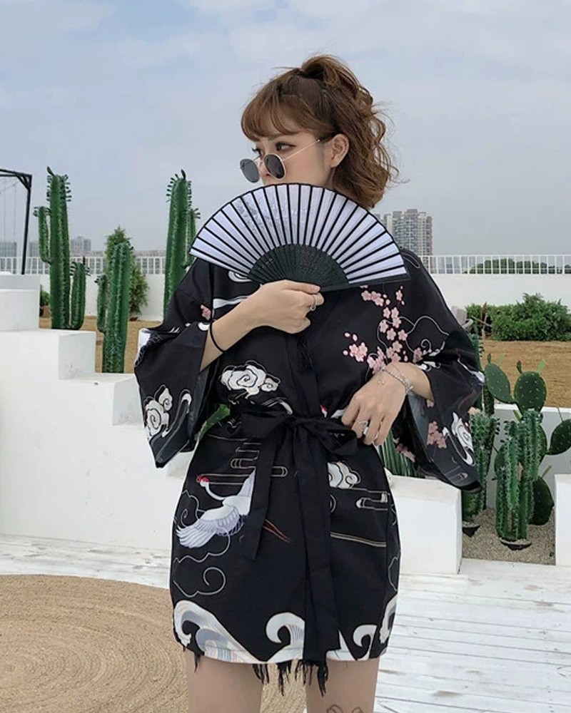 Y2K Summer Kimono - Retro 90S Grunge, Pastel Goth, Y2K Party & Club Outfits, Japanese Crane Design