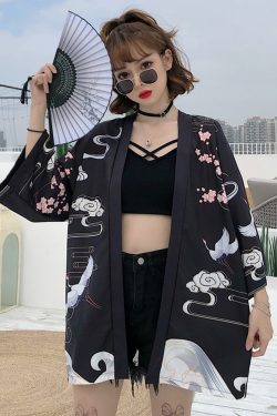 Y2K Summer Kimono - Retro 90S Grunge, Pastel Goth, Y2K Party & Club Outfits, Japanese Crane Design