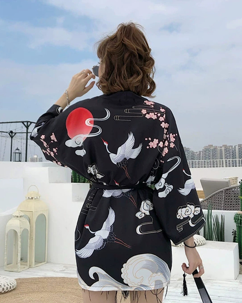 Y2K Summer Kimono - Retro 90S Grunge, Pastel Goth, Y2K Party & Club Outfits, Japanese Crane Design