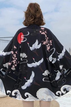 Y2K Summer Kimono - Retro 90S Grunge, Pastel Goth, Y2K Party & Club Outfits, Japanese Crane Design