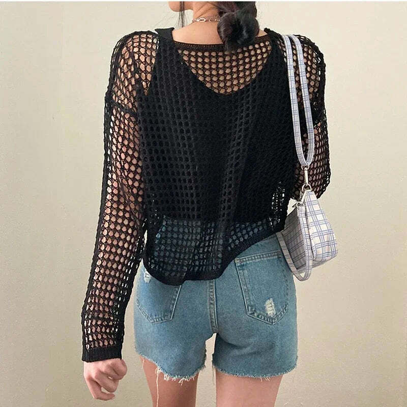Y2K Summer Knit Hollow Out Long Sleeve Top - Casual Grunge Streetwear Beach Pullover Tee