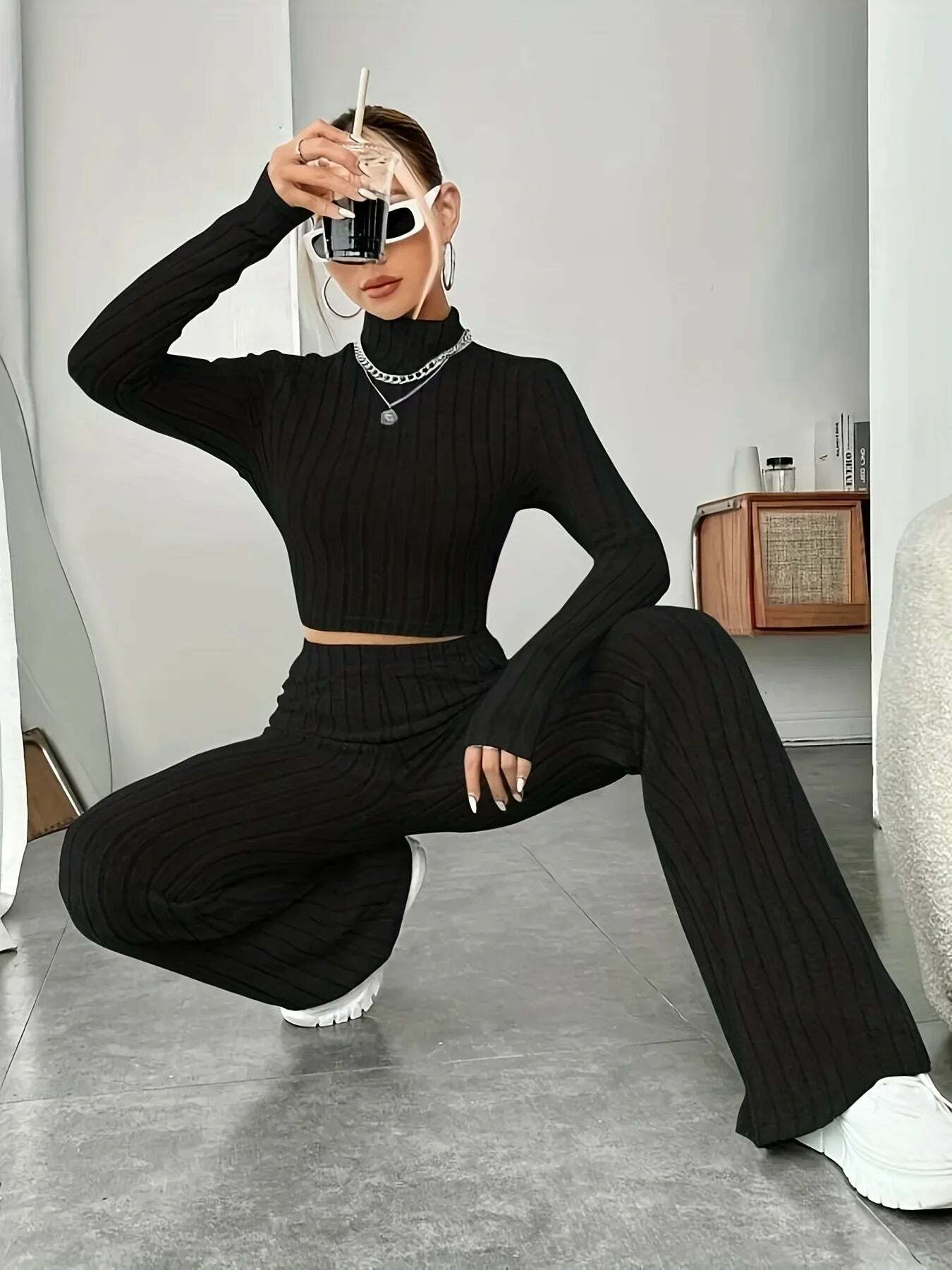 Y2K Summer Knitted 2 Piece Set: Vintage Crop Top & Flare Pants, Retro 90S Grunge Outfit