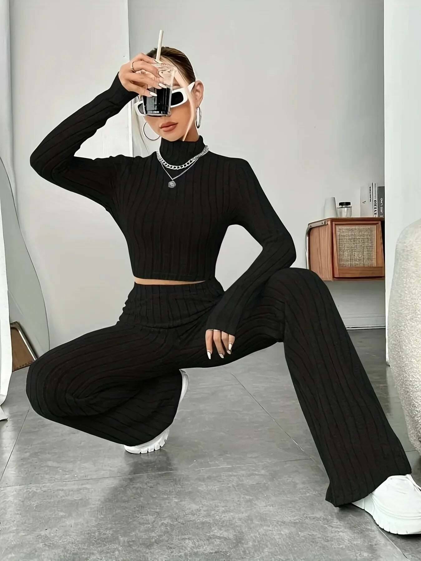 Y2K Summer Knitted 2 Piece Set: Vintage Sweater Crop Top & Flare Pants - Retro Grunge Outfit