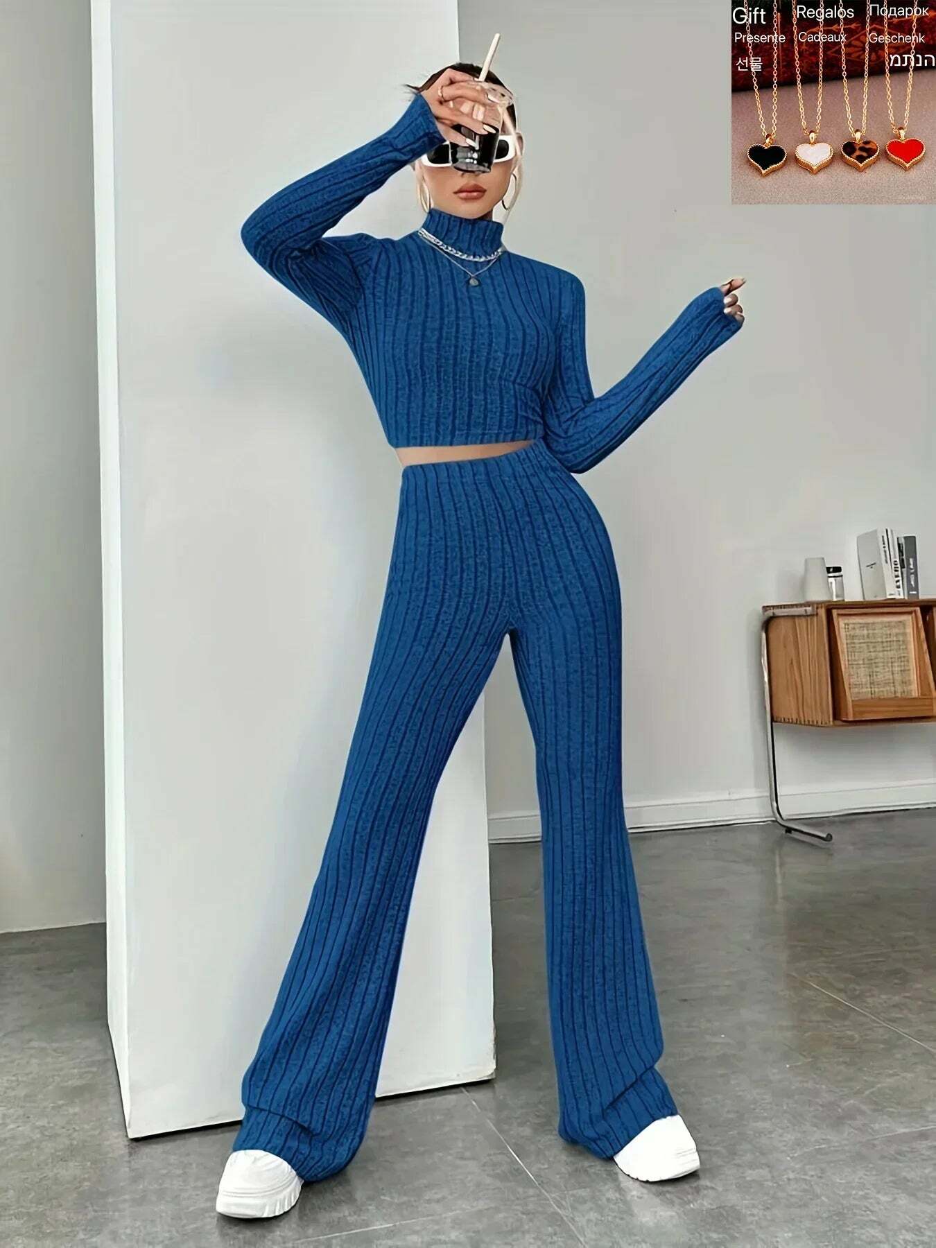 Y2K Summer Knitted 2 Piece Set: Vintage Sweater Crop Top & Flare Pants - Retro Grunge Outfit