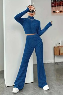 Y2K Summer Knitted 2 Piece Set: Vintage Sweater Crop Top & Flare Pants - Retro Grunge Outfit