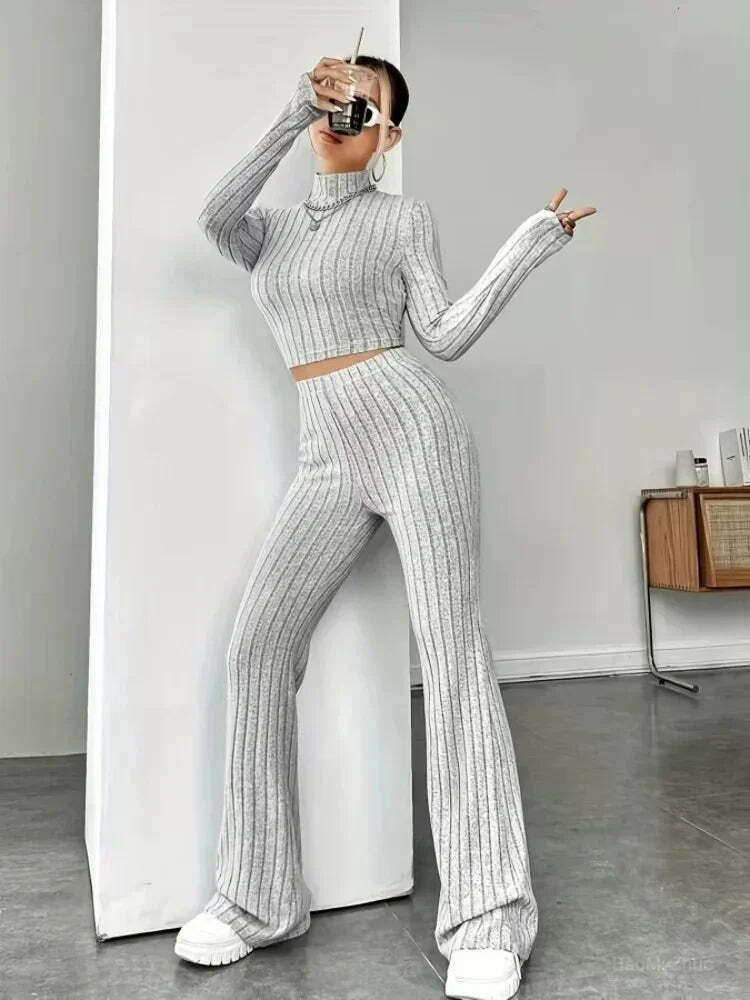 Y2K Summer Knitted 2 Piece Set: Vintage Sweater Crop Top & Flare Pants - Retro Grunge Outfit