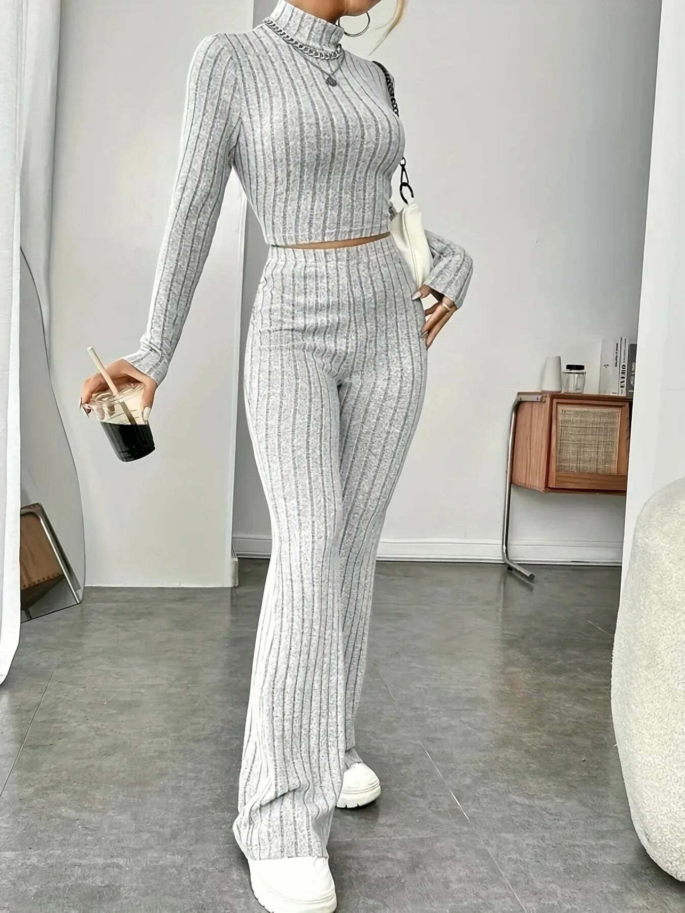 Y2K Summer Knitted 2 Piece Set: Vintage Sweater Crop Top & Flare Pants - Retro Grunge Outfit