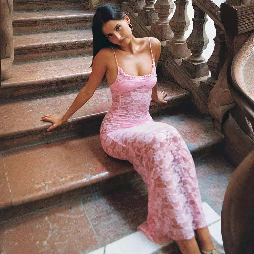 Y2K Summer Lace Dress - Pink See-Through Party Clubwear, Retro 90S Grunge Fashion Wholesale