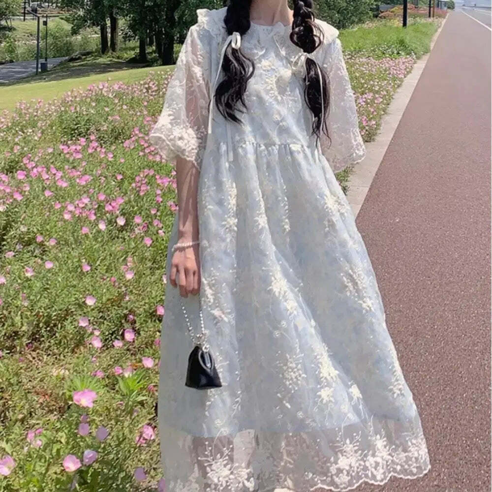 Y2K Summer Lace Embroidery Flower Doll Collar Dress - Cute Grunge 90S Aesthetic Outfit