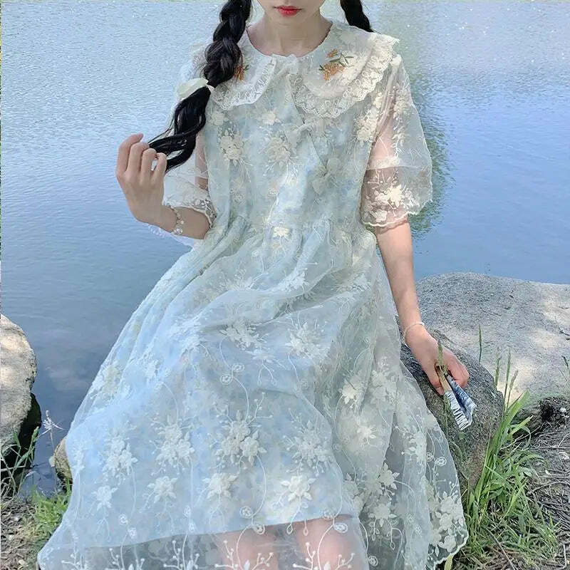 Y2K Summer Lace Embroidery Flower Doll Collar Dress - Cute Grunge 90S Aesthetic Outfit