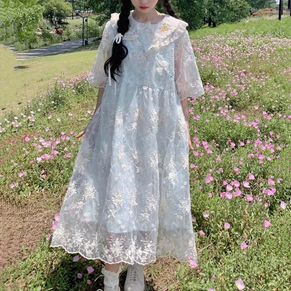 Y2K Summer Lace Embroidery Flower Doll Collar Dress - Cute Grunge 90S Aesthetic Outfit