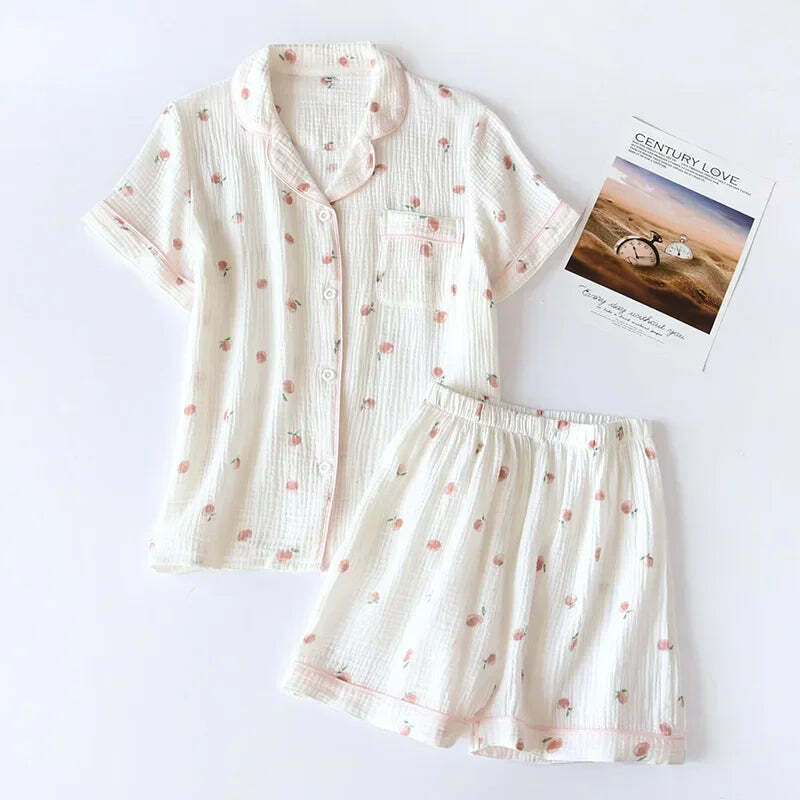Y2K Summer Ladies Short-Sleeved Shorts Pajamas Set - 100% Cotton Crepe, Retro 90S Grunge Style