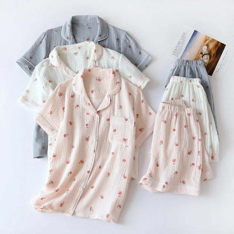 Y2K Summer Ladies Short-Sleeved Shorts Pajamas Set - 100% Cotton Crepe, Retro 90S Grunge Style