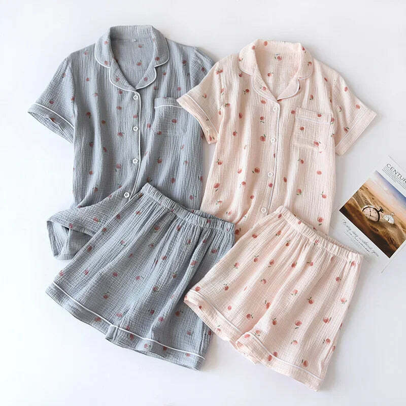 Y2K Summer Ladies Short-Sleeved Shorts Pajamas Set - 100% Cotton Crepe, Retro 90S Grunge Style