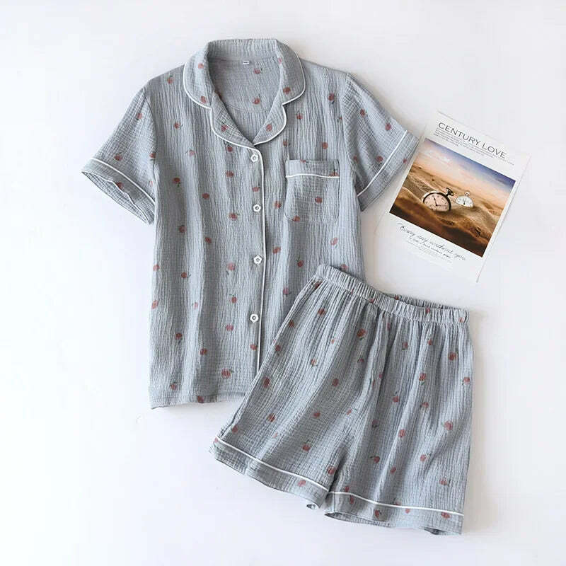 Y2K Summer Ladies Short-Sleeved Shorts Pajamas Set - 100% Cotton Crepe, Retro 90S Grunge Style
