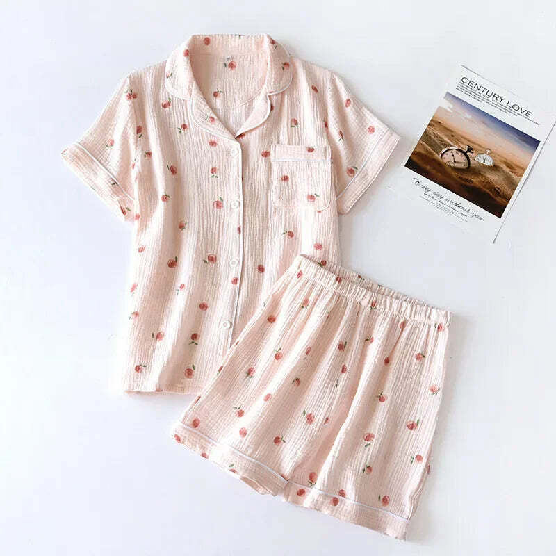 Y2K Summer Ladies Short-Sleeved Shorts Pajamas Set - 100% Cotton Crepe, Retro 90S Grunge Style