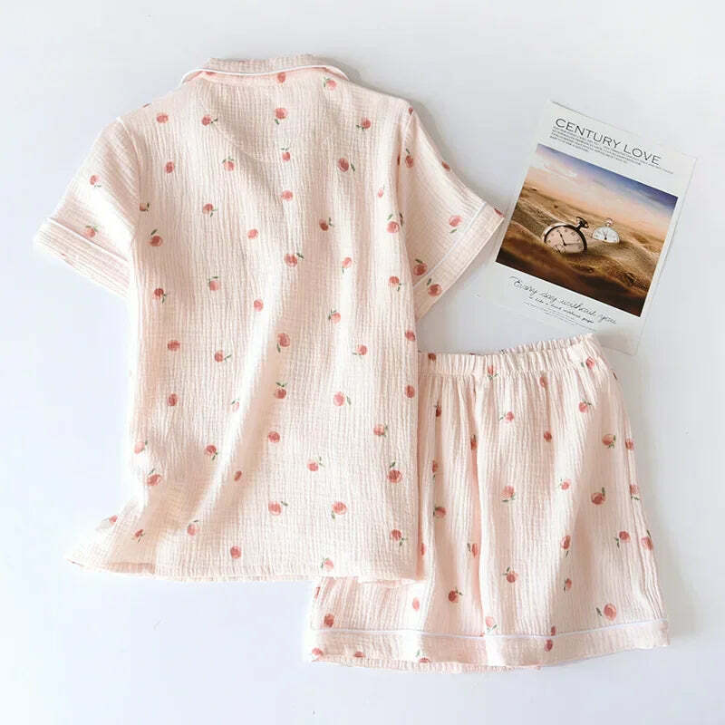 Y2K Summer Ladies Short-Sleeved Shorts Pajamas Set - 100% Cotton Crepe, Retro 90S Grunge Style